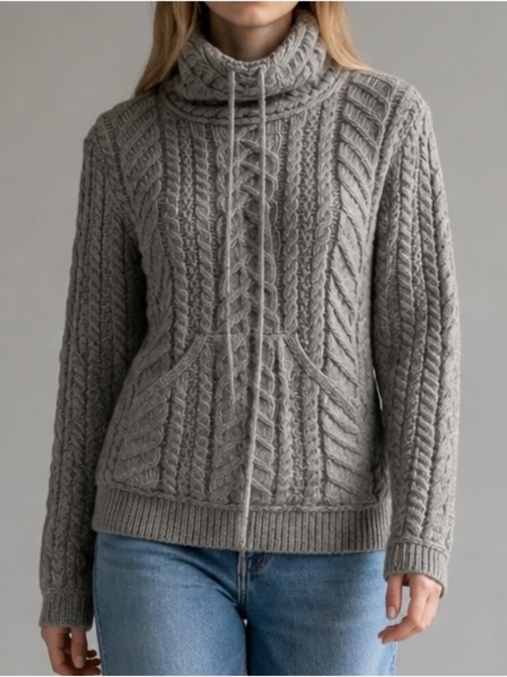Aran Mor 100% Merino Wool Cable Knit Cowl Sweater In Grey | Size M